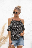 Printed Cold-Shoulder Frill Trim Blouse - Trendsi - Flyclothing LLC