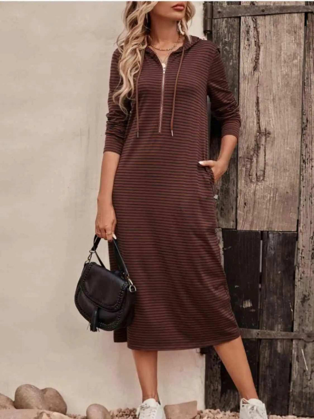 Striped Zip Front Hooded Dress - Trendsi - Flyclothing LLC