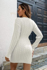 Cable-Knit V-Neck Long Sleeve Mini Sweater Dress - Trendsi - Flyclothing LLC