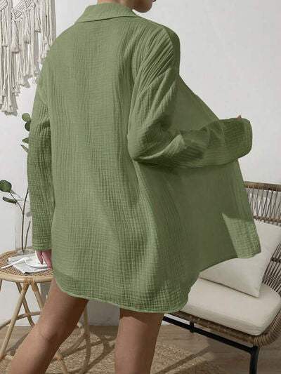 Dropped Shoulder Button Up Top and Elastic Waist Shorts Set - Trendsi - Flyclothing LLC