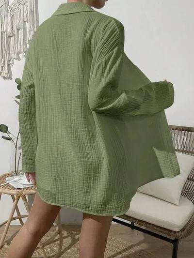 Dropped Shoulder Button Up Top and Elastic Waist Shorts Set - Trendsi - Flyclothing LLC