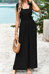 Frill Trim Tie Shoulder Wide Leg Jumpsuit with Pockets - Trendsi - Flyclothing LLC