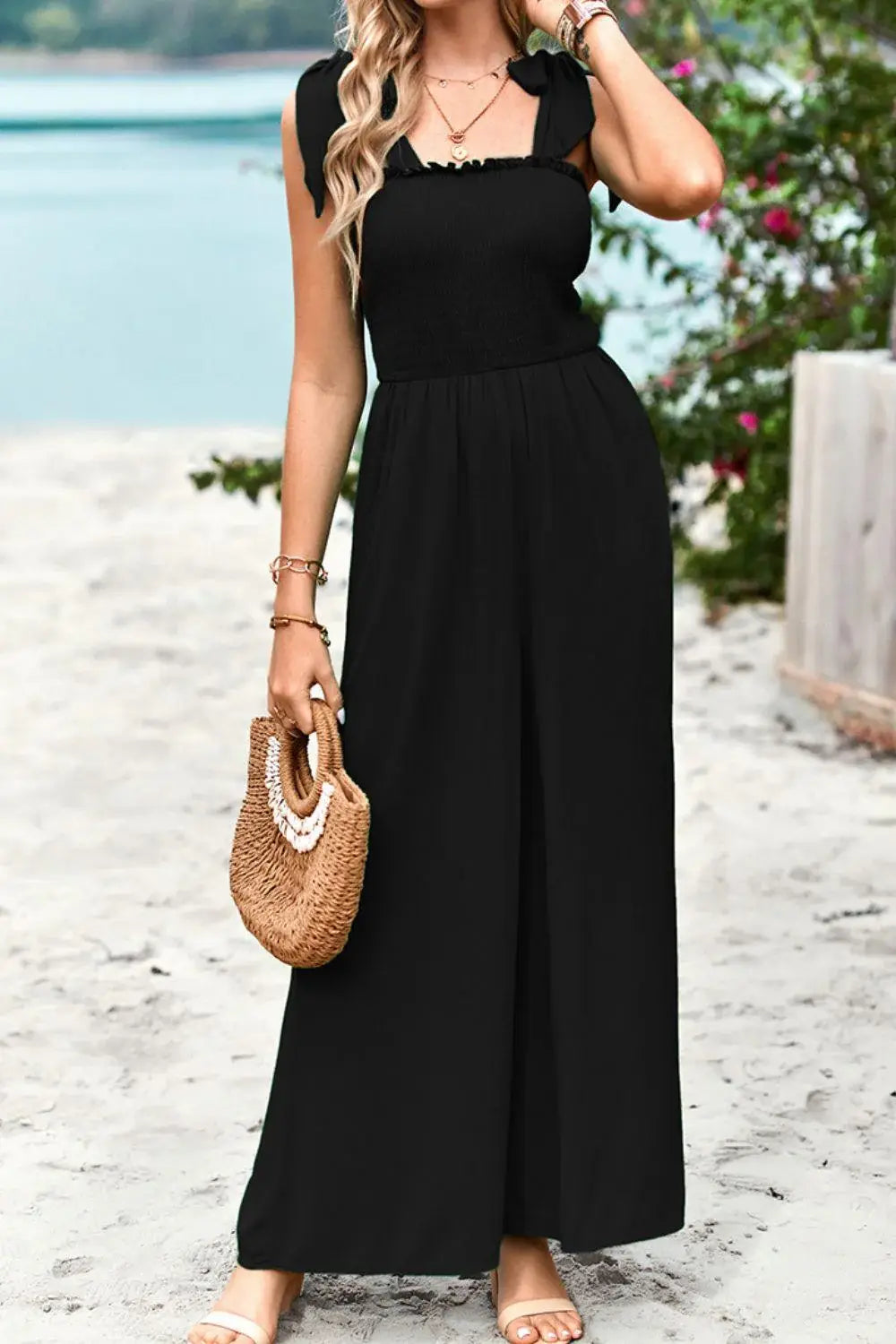 Frill Trim Tie Shoulder Wide Leg Jumpsuit with Pockets - Trendsi - Flyclothing LLC