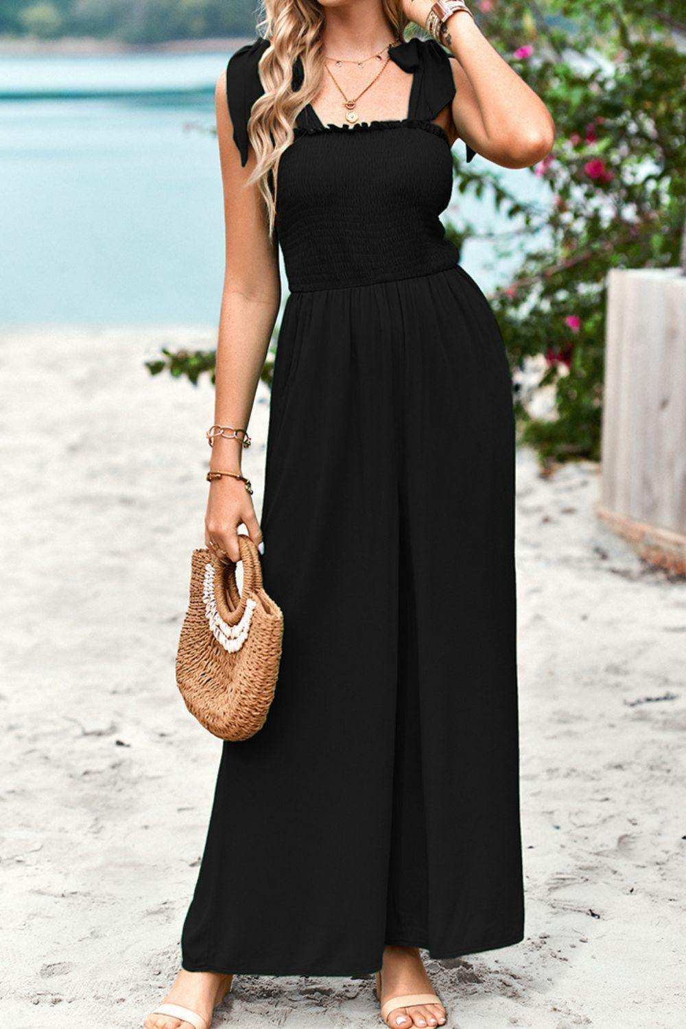 Frill Trim Tie Shoulder Wide Leg Jumpsuit with Pockets - Trendsi - Flyclothing LLC