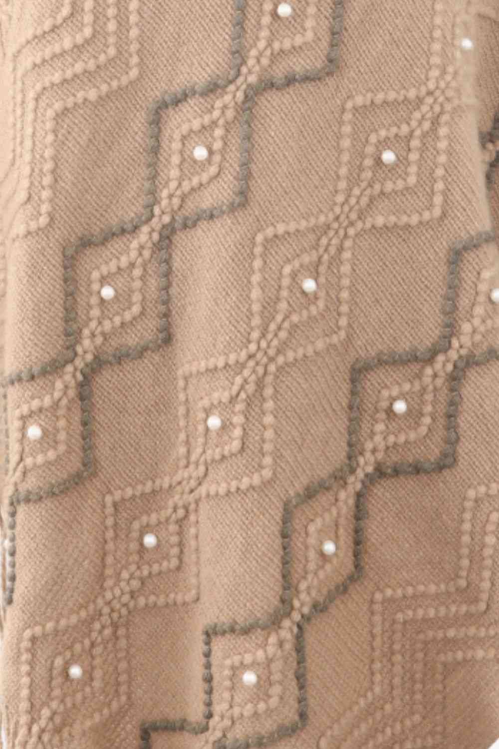 Pearl Trim V-Neck Fringe Hem Poncho - Trendsi - Flyclothing LLC