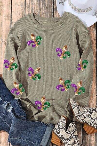Sequin Round Neck Dropped Shoulder Sweatshirt - Trendsi - Flyclothing LLC