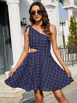 Grid One-Shoulder Tied Cutout Dress - Trendsi - Flyclothing LLC