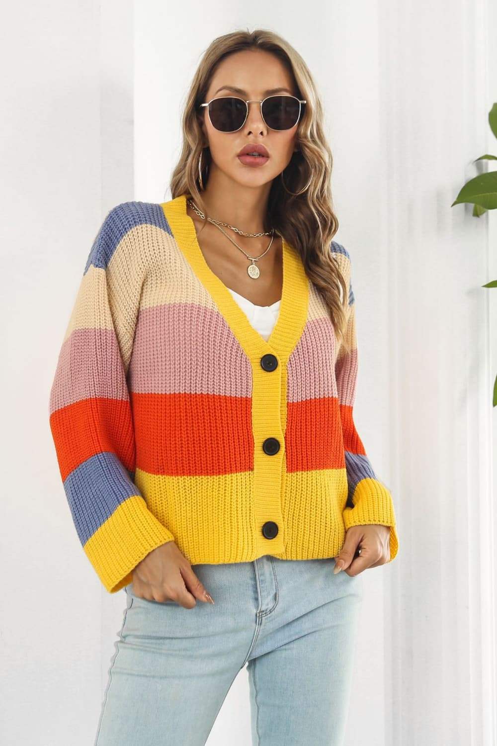 Color Block Button-Down Dropped Shoulder Cardigan - Trendsi - Flyclothing LLC