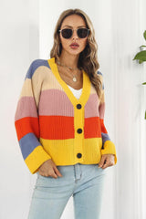 Color Block Button-Down Dropped Shoulder Cardigan - Trendsi