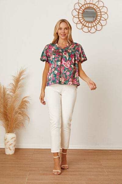 Floral Collared Neck Short Sleeve Blouse - Trendsi - Flyclothing LLC