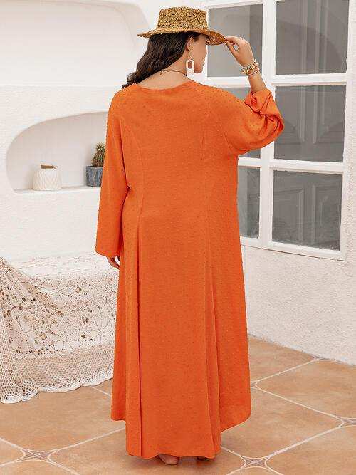Plus Size Tie Neck Long Sleeve Slit Dress - Trendsi - Flyclothing LLC