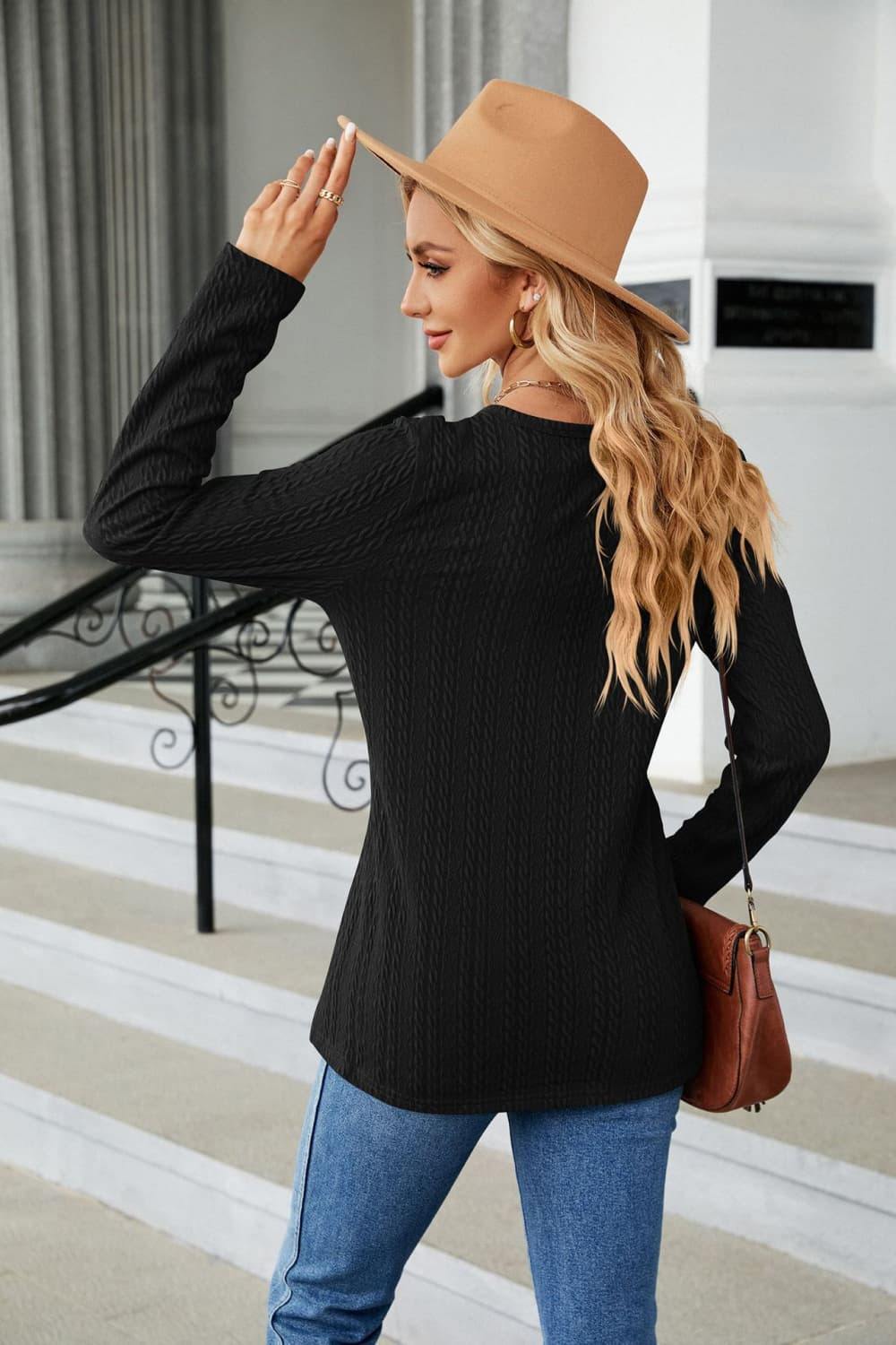 Cable-Knit Long Sleeve V-Neck T-Shirt - Trendsi