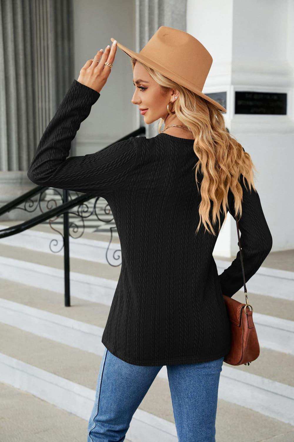Cable-Knit Long Sleeve V-Neck T-Shirt - Trendsi - Flyclothing LLC