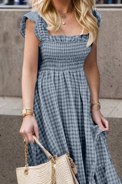 Full Size Smocked Ruffled Plaid Ruffle Hem Dress - Trendsi - Flyclothing LLC