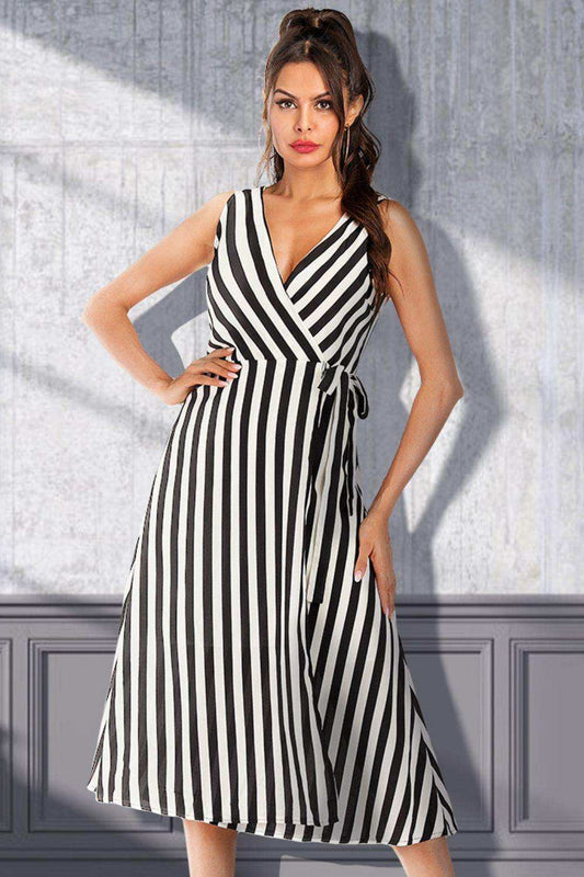 Striped Surplice Tied Sleeveless Dress - Trendsi - Flyclothing LLC