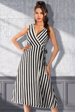 Striped Surplice Tied Sleeveless Dress - Trendsi