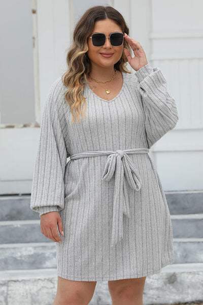 Plus Size Ribbed Tie Front Long Sleeve Sweater Dress - Trendsi - Flyclothing LLC