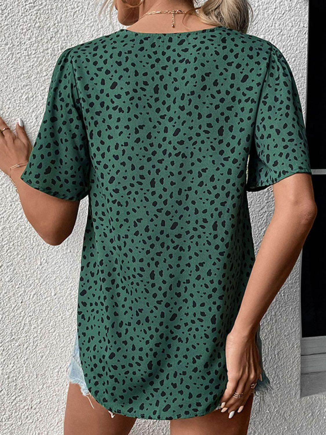 Animal Print V-Neck Flutter Sleeve Blouse - Trendsi - Flyclothing LLC