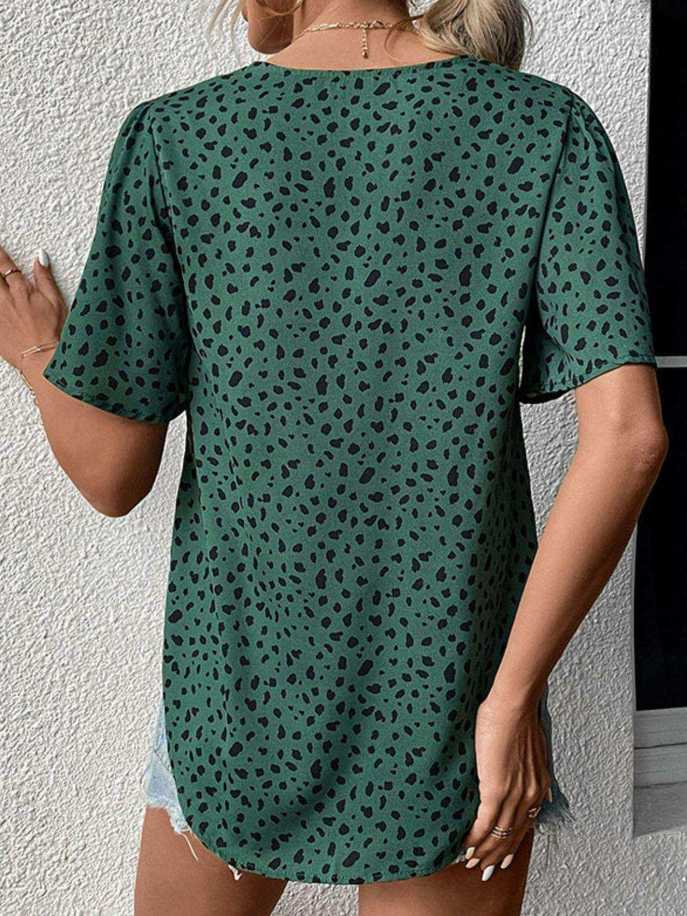 Animal Print V-Neck Flutter Sleeve Blouse - Trendsi - Flyclothing LLC