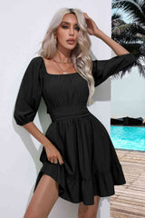 Square Neck Tie Back Ruffle Hem Dress - Flyclothing LLC