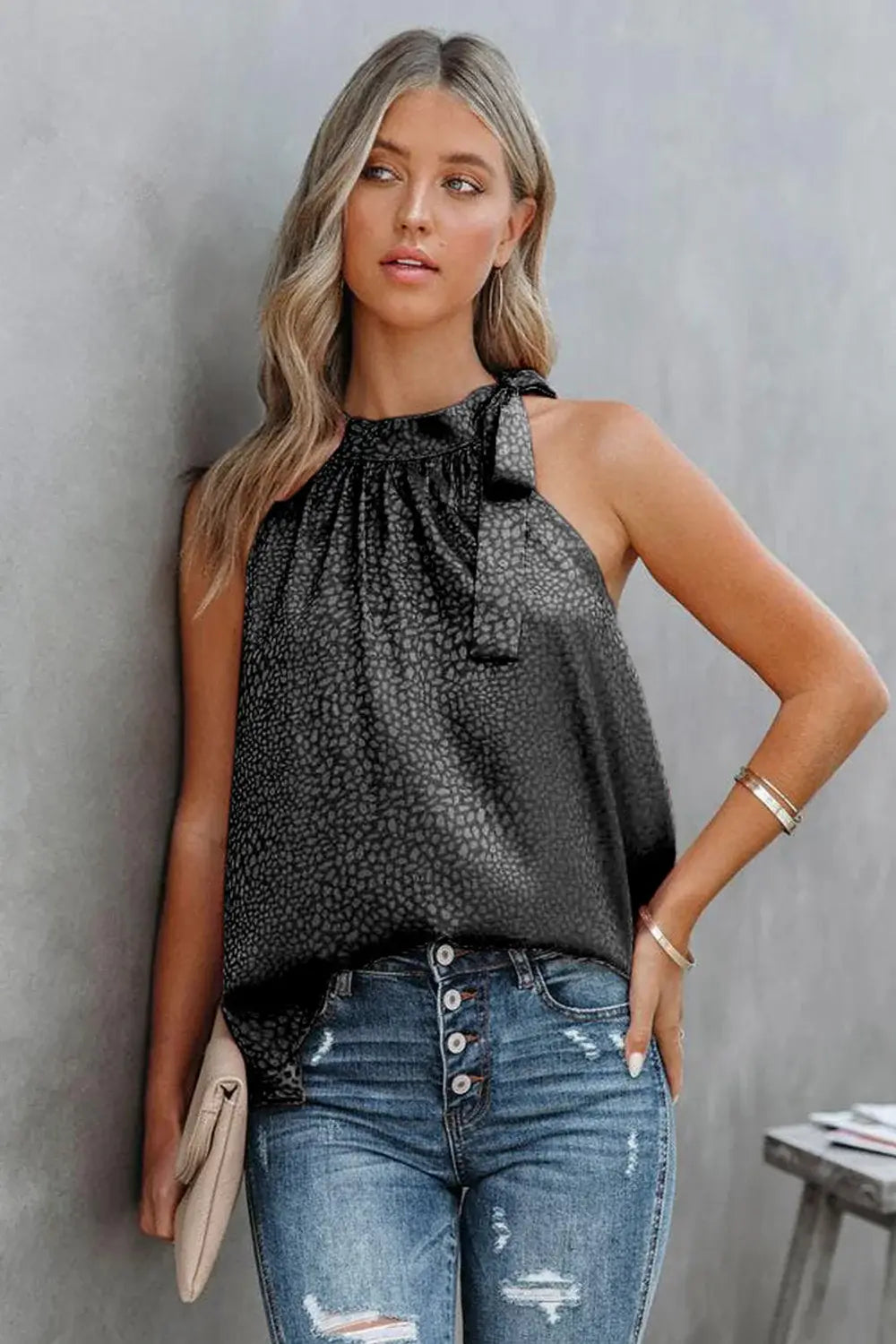 Printed Tied Grecian Neck Tank - Trendsi - Flyclothing LLC