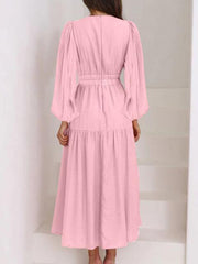 Deep V-Neck Balloon Sleeve Plain Maxi Dress - Trendsi