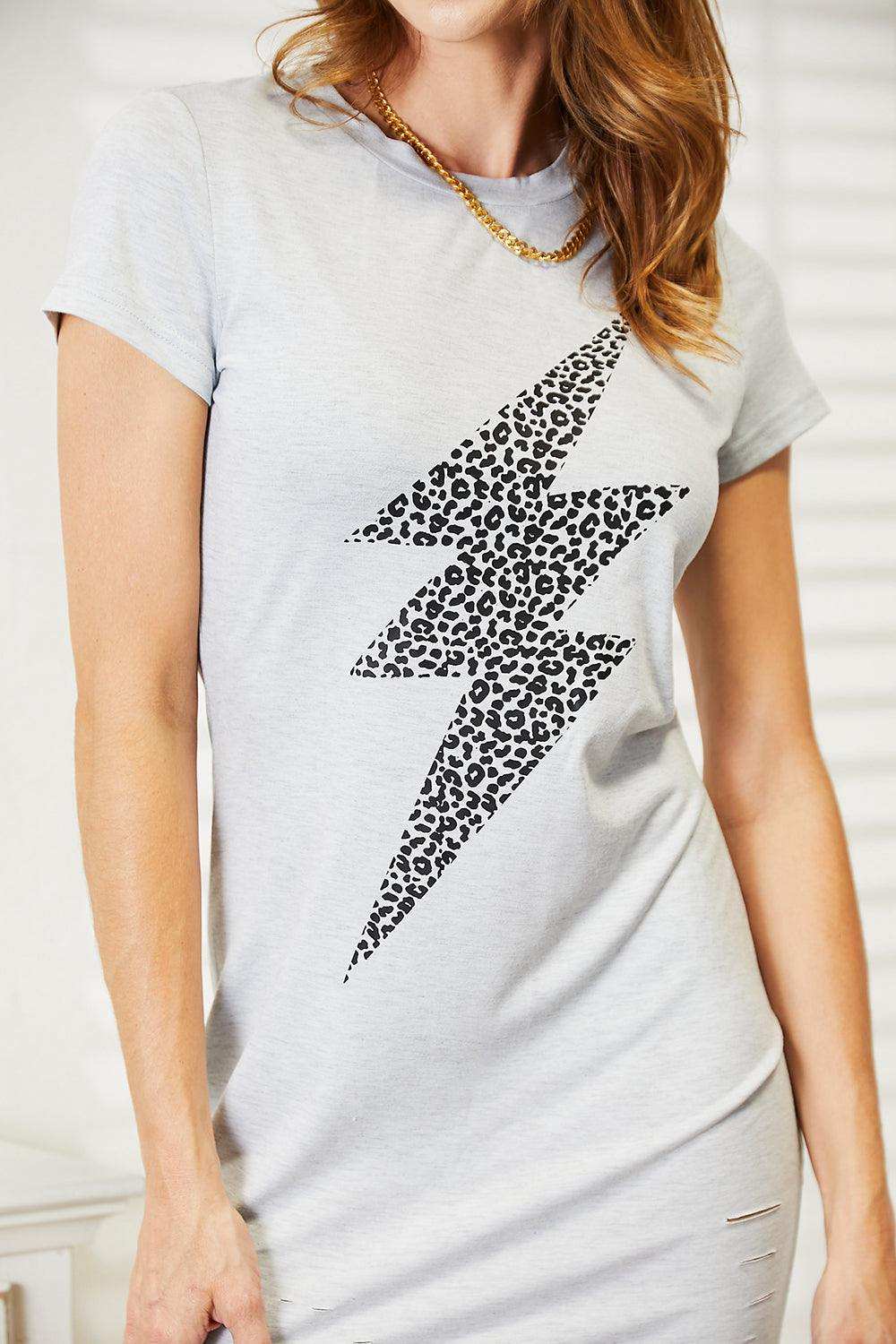 Double Take Leopard Lightning Graphic Tee Dress - Trendsi - Flyclothing LLC