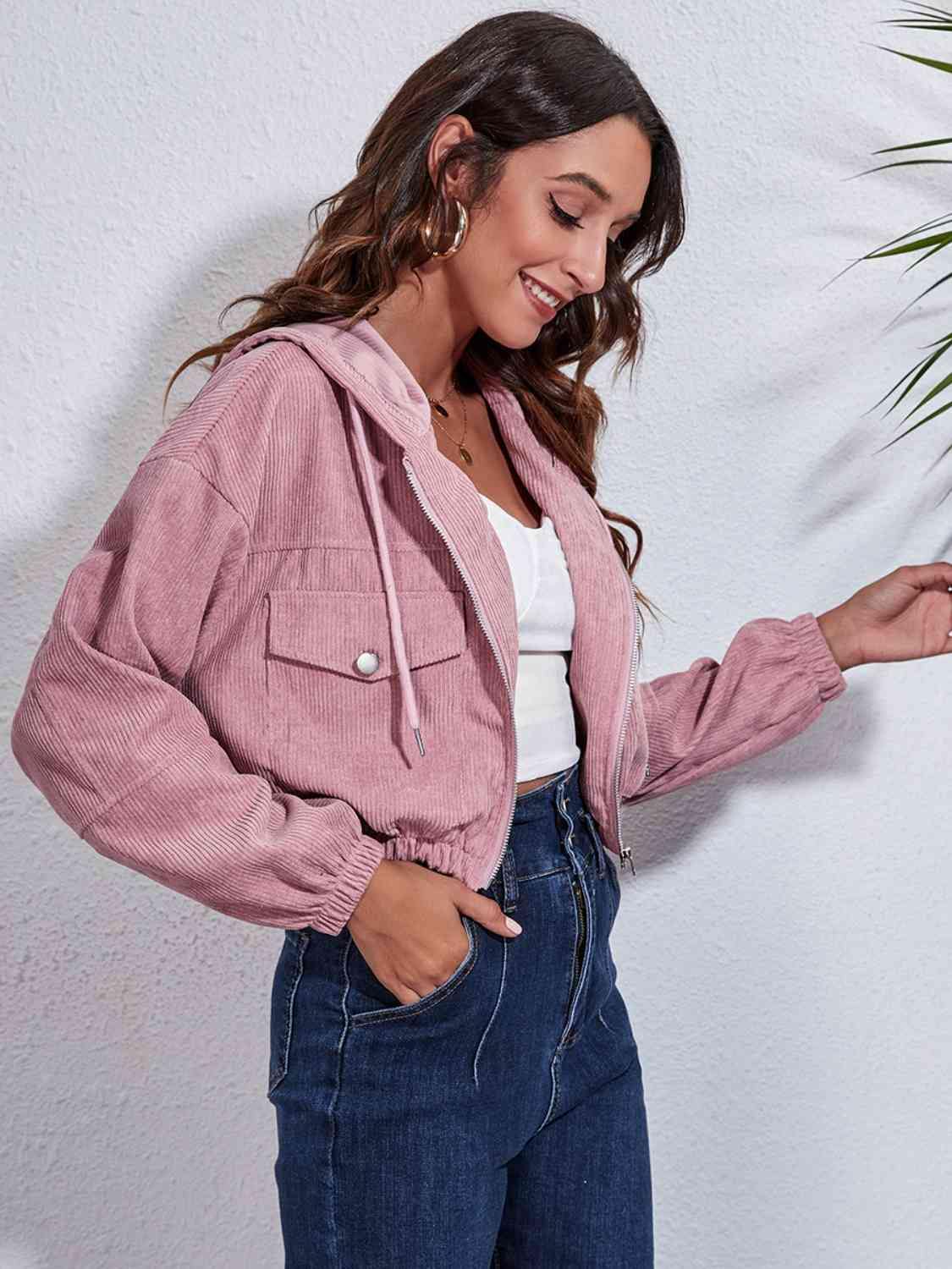 Drawstring Hooded Zip Up Jacket with Pockets - Trendsi