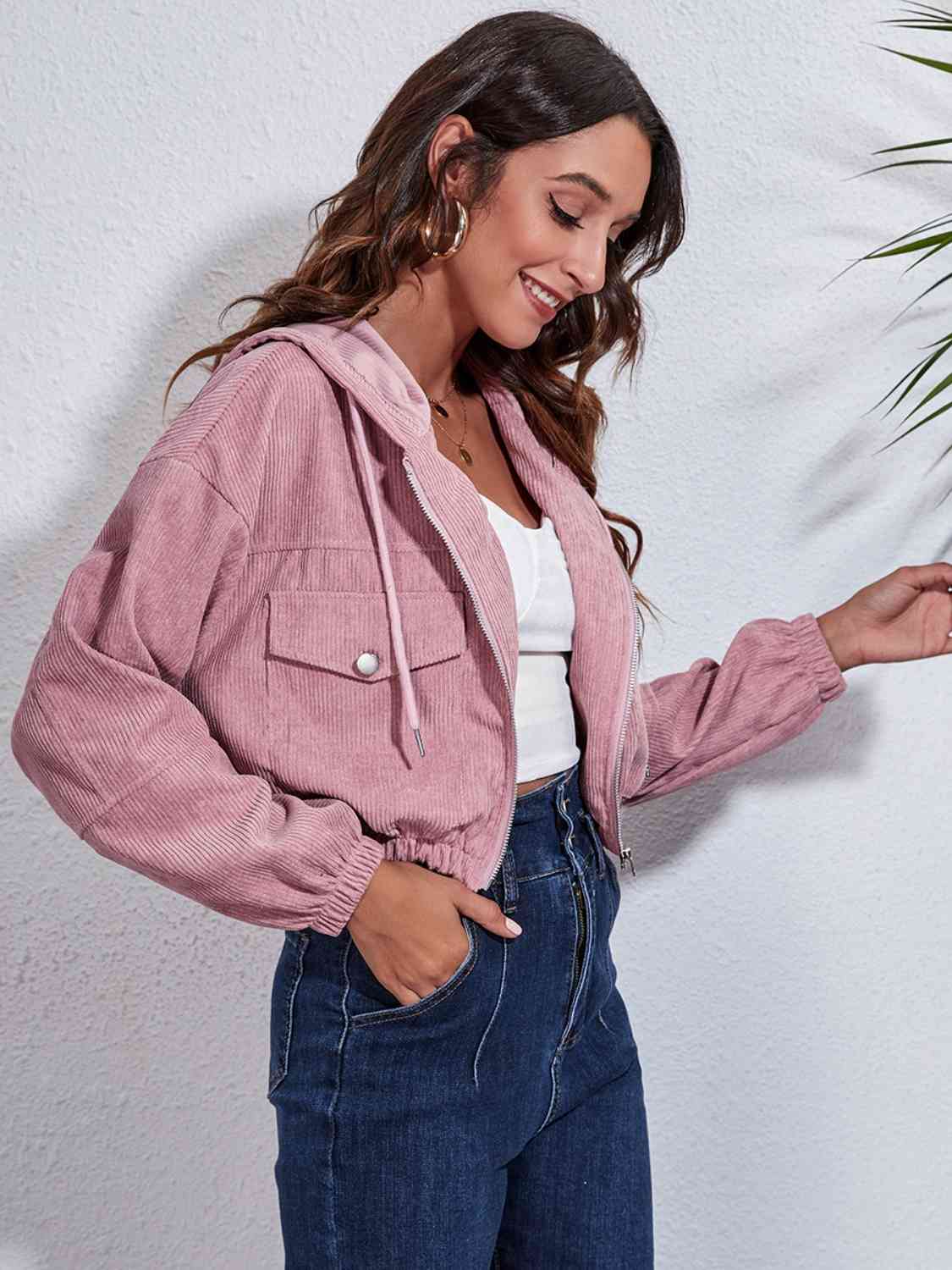Drawstring Hooded Zip Up Jacket with Pockets - Trendsi - Flyclothing LLC