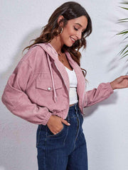 Drawstring Hooded Zip Up Jacket with Pockets - Trendsi