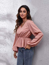 V-Neck Balloon Sleeve Peplum Blouse - Trendsi - Flyclothing LLC