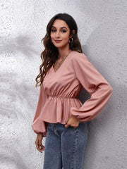 V-Neck Balloon Sleeve Peplum Blouse - Flyclothing LLC