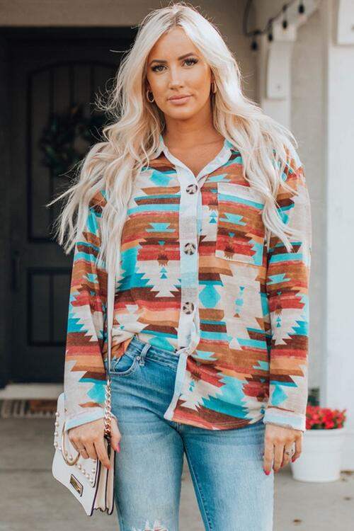Printed Button Up Long Sleeve Shirt - Trendsi - Flyclothing LLC