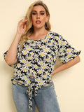 Plus Size Floral Round Neck Tie Hem Blouse - Trendsi