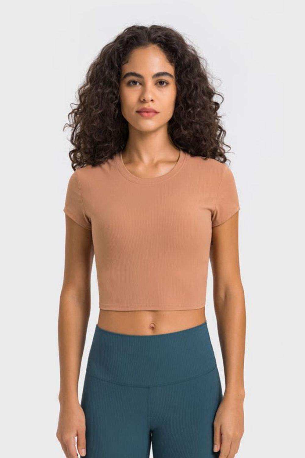 Round Neck Short Sleeve Cropped Sports T-Shirt - Trendsi - Flyclothing LLC