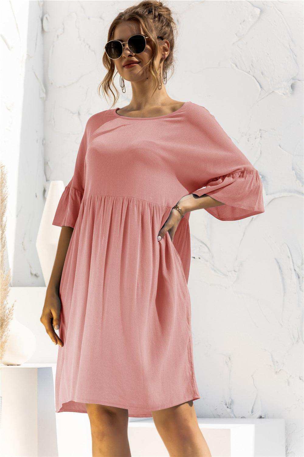 Boat Neck Flounce Sleeve Knee-Length Dress - Trendsi - Flyclothing LLC
