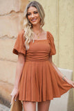 Square Neck Pleated Dress with Pockets - Trendsi - Flyclothing LLC