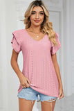 Eyelet V-Neck Short Sleeve T-Shirt - Trendsi - Flyclothing LLC