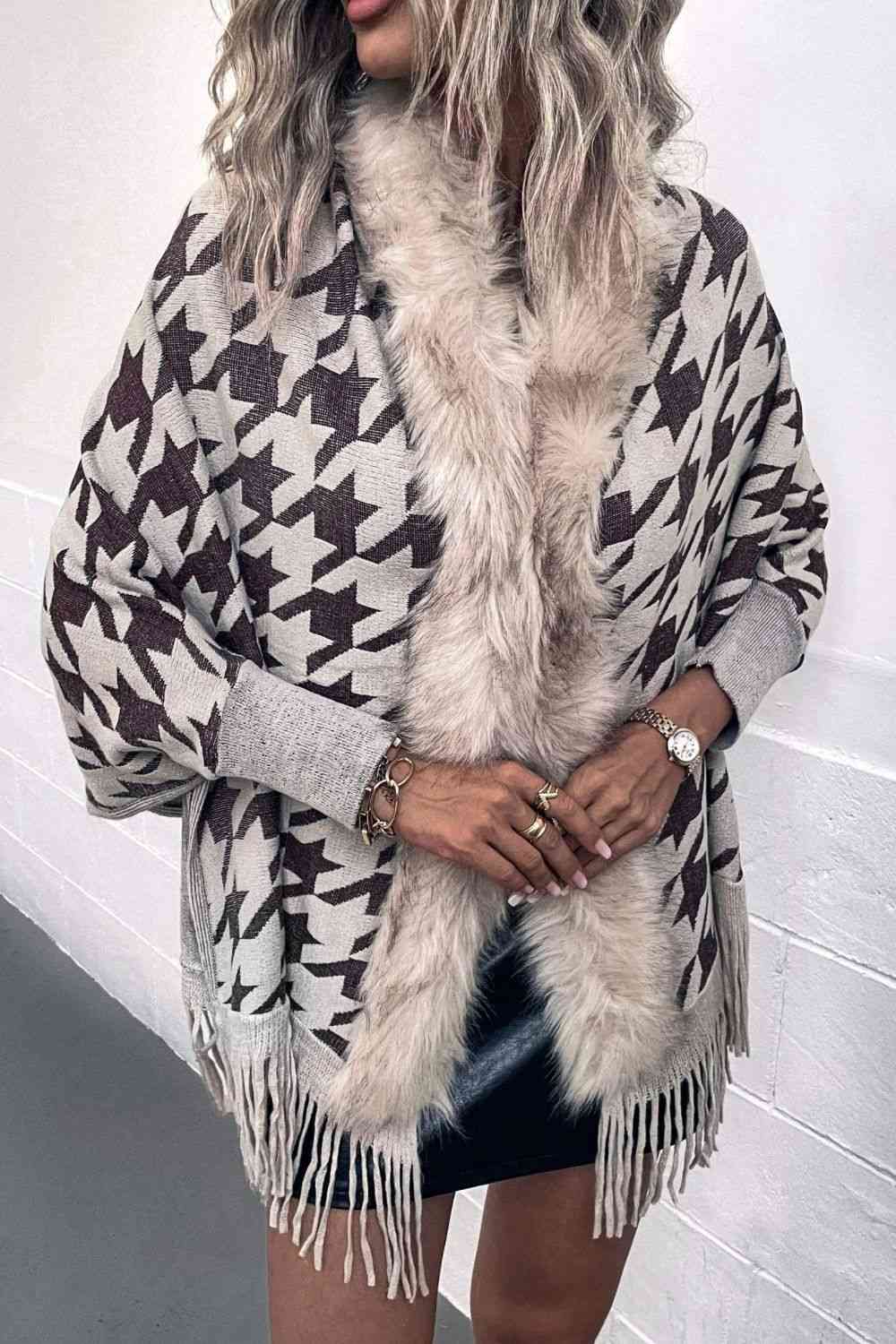 Houndstooth Fringe Hem Poncho - Trendsi - Flyclothing LLC