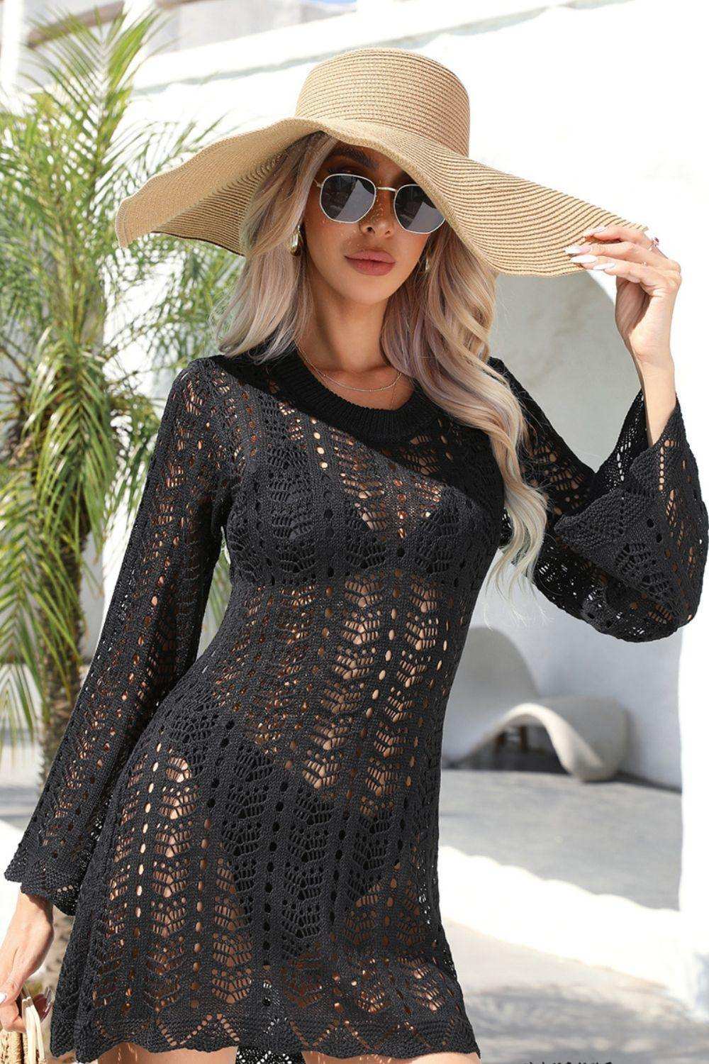 Openwork Scalloped Trim Long Sleeve Cover-Up Dress - Trendsi - Flyclothing LLC