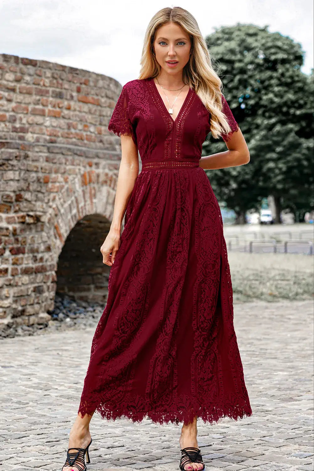Scalloped Trim Lace Plunge Dress - Trendsi - Flyclothing LLC