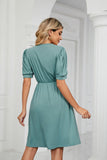 Contrast V-Neck Puff Sleeve Pocket Dress - Trendsi