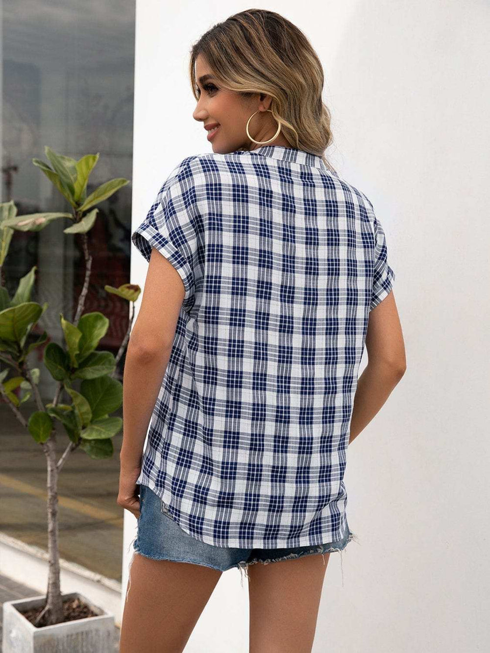 Plaid Notched Short Sleeve Blouse - Trendsi - Flyclothing LLC