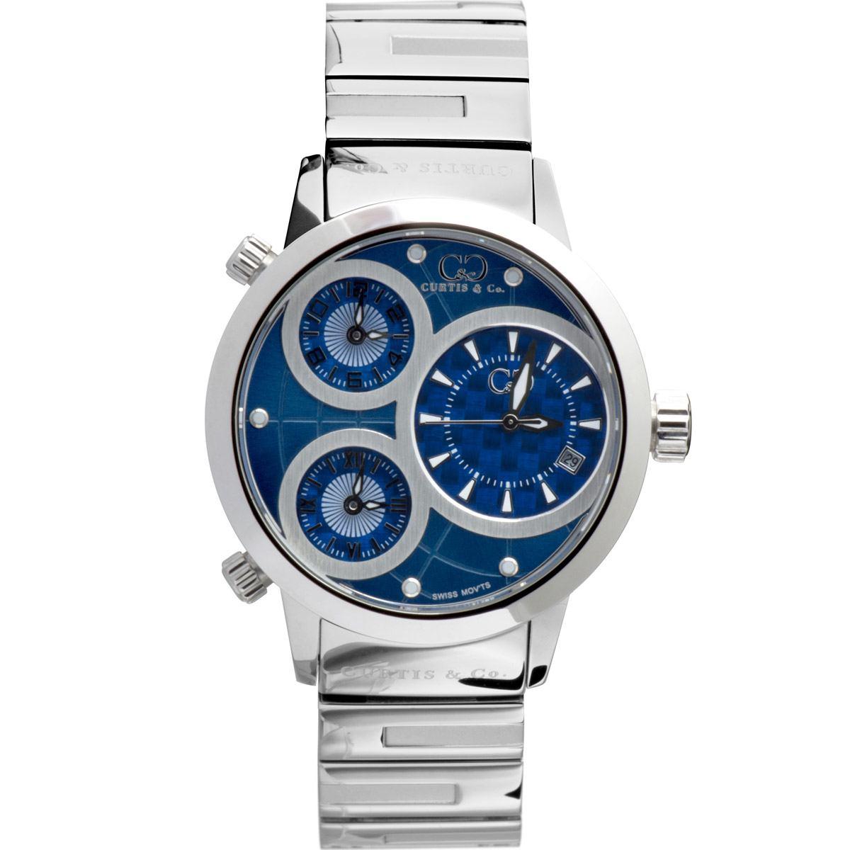 Curtis & Co Big Time World 50mm 3 Time Zone Blue Dial Watch - Flyclothing LLC