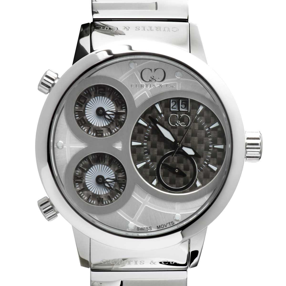Curtis & Co Big Time World 57mm 4 Time Zone White Dial Stainless Steel Watch - Flyclothing LLC