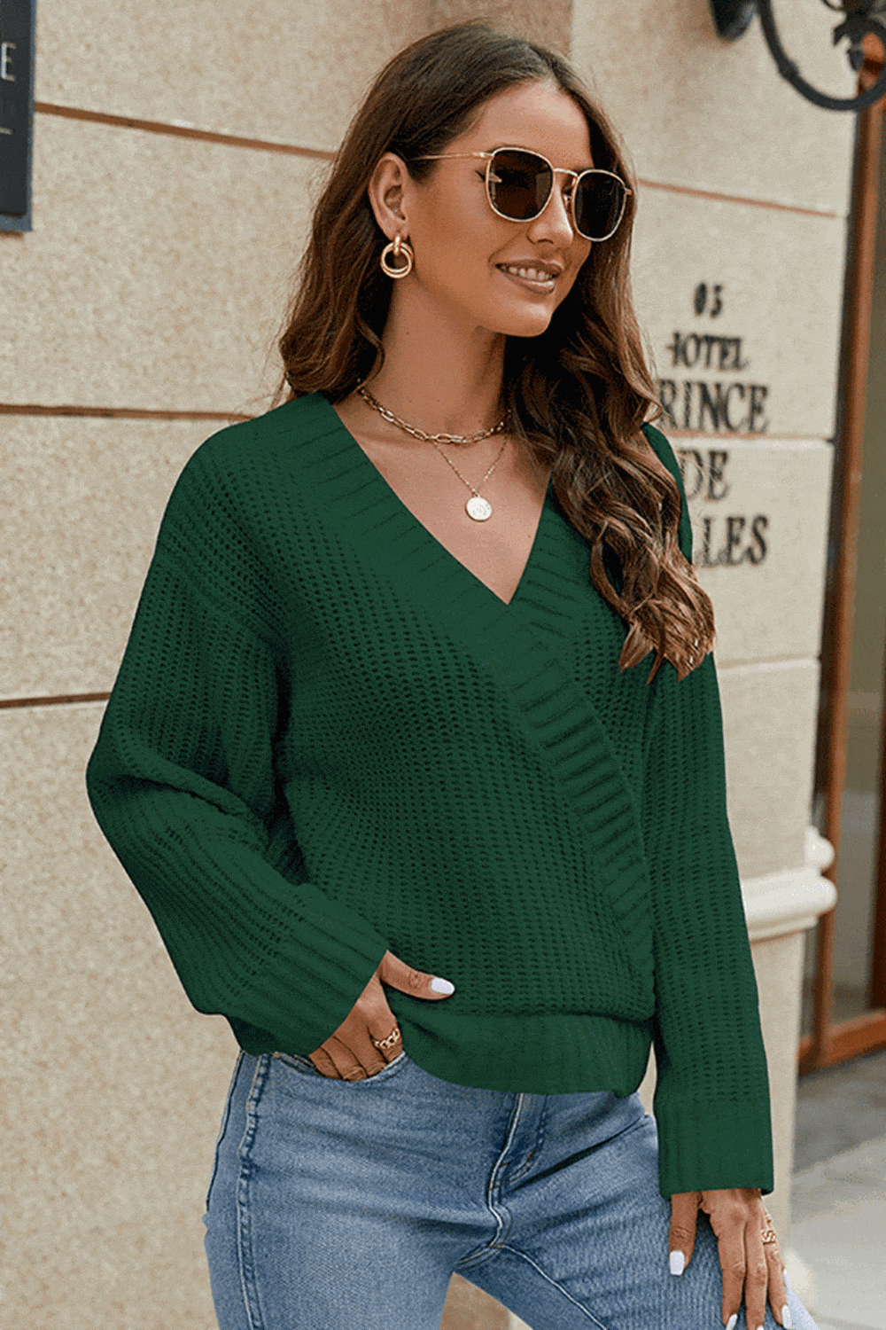 Surplice Neck Long Sleeve Sweater - Trendsi - Flyclothing LLC