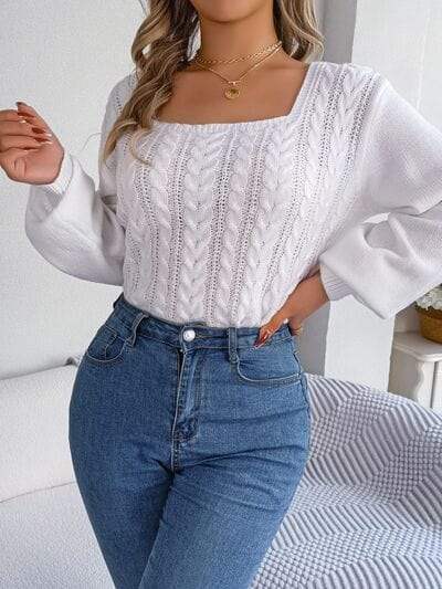 Cable-Knit Square Neck Long Sleeve Sweater - Trendsi - Flyclothing LLC