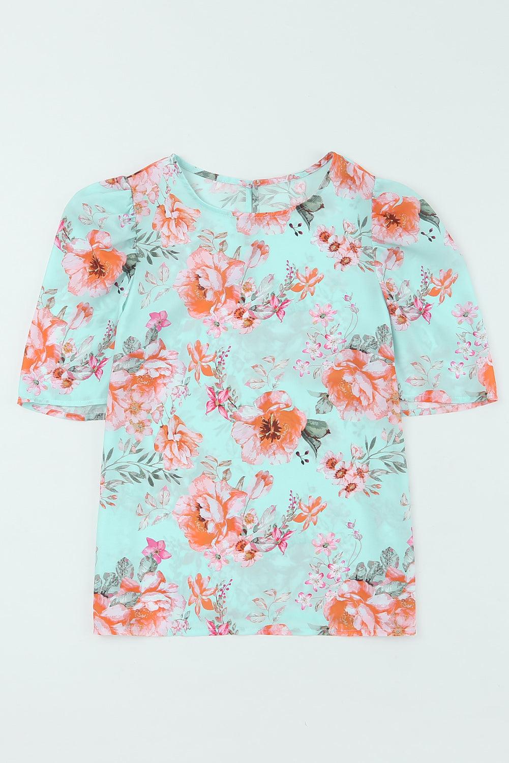 Summer Lover Floral Puff Sleeve Round Neck Blouse - Flyclothing LLC