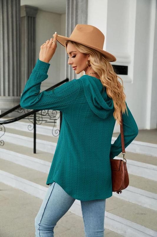 Long Sleeve Hooded Blouse - Trendsi