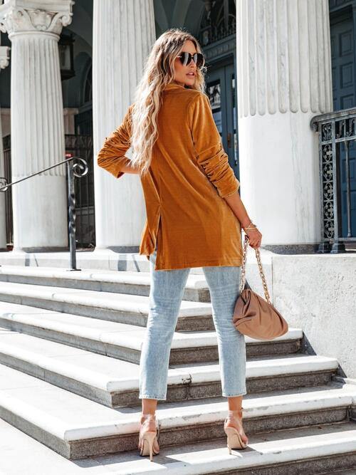Button Up Long Sleeve Blazer with Pocket - Trendsi